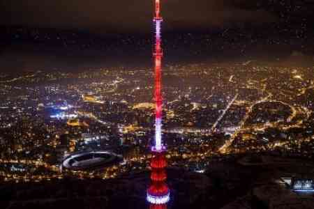 Decorative lighting being installed on Yerevan TV tower